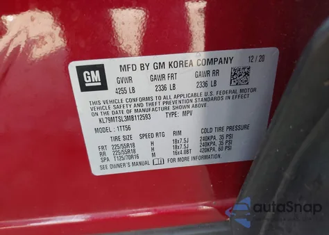 2021 Chevrolet Trailblazer Fwd Rs из США, поврежденный, VIN KL79MTSL3MB112593